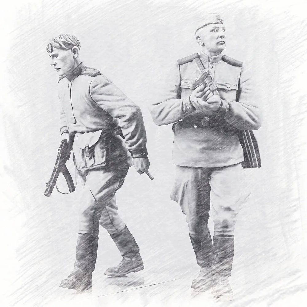 1/35 Cold War Soviet Officer with Shoulder Boards and Advancing Rifleman, 4 Figures, Resin Model Figure Kit, Unassembled and Unpainted