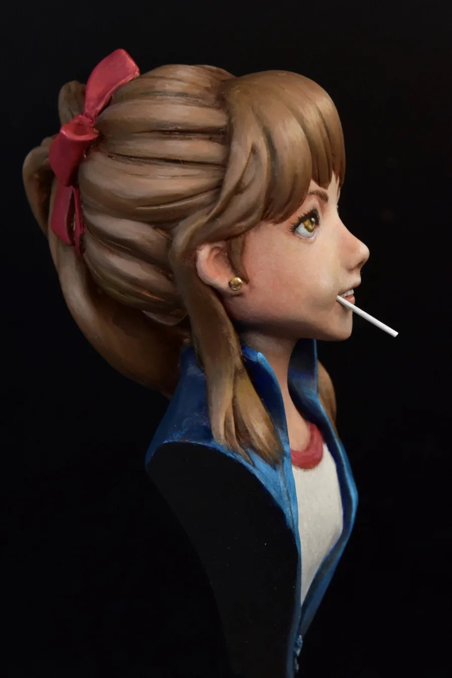 65mm Braided Female with Red Bow in Blue Jacket, Resin Model Bust Kit, Anime Theme, Unassembled and Unpainted
