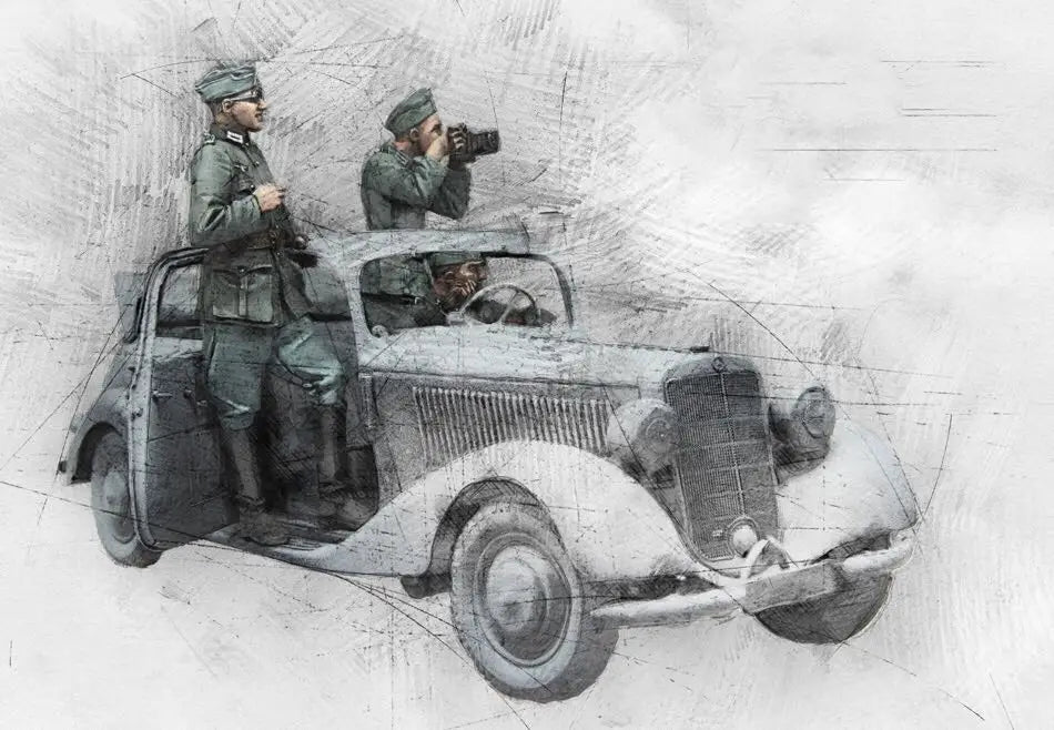 1/35 WWII German Infantry with Kübelwagen, 11 Figures, Resin Model Diorama Kit, Unassembled and Unpainted