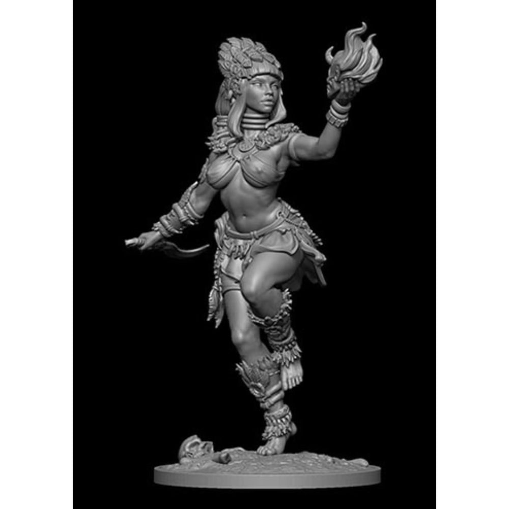 75mm Sorceress with Flaming Headdress and Magical Orb, Resin Model Figure Kit, Fantasy Theme, Unassembled and Unpainted