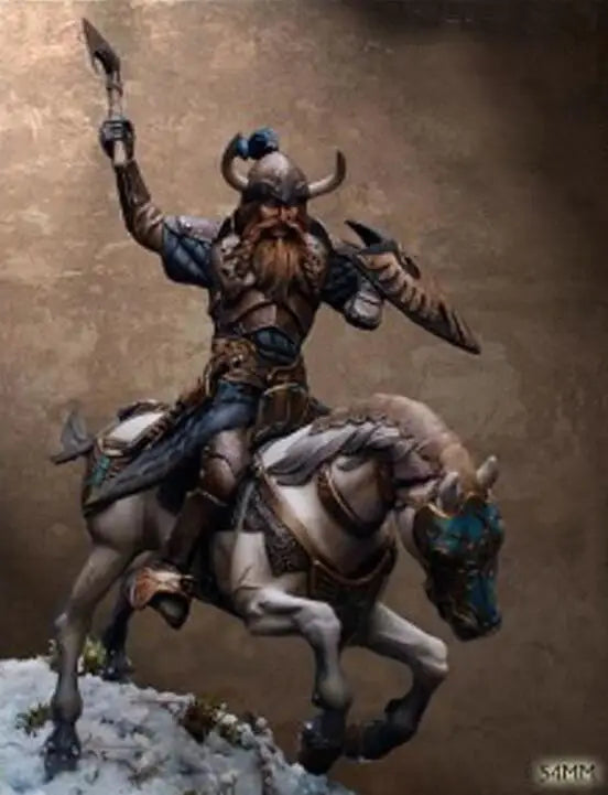 1/32 Horned Barbarian Mounted with Raised Axe, Resin Model Figure Kit, Fantasy Theme, Unassembled and Unpainted
