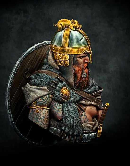 1/9 Medieval Red-Bearded Viking Axeman with Ornate Shield, Resin Model Bust Kit, Unassembled and Unpainted