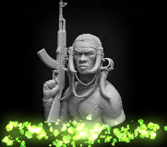1/10 Tribal Female Warrior in Red Headband with Ornate Rifle, Resin Model Bust Kit, Fantasy Theme, Unassembled and Unpainted