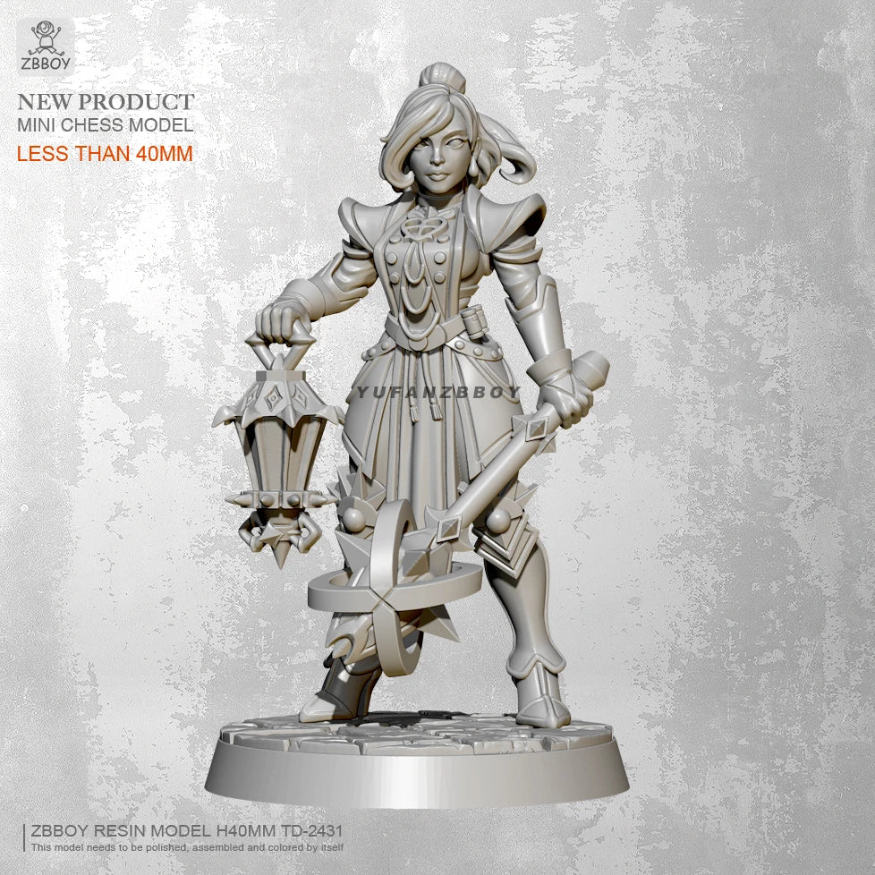 40mm Female Warrior with Mace and Lantern, Resin Model Figure Kit, Fantasy Theme, Unassembled and Unpainted