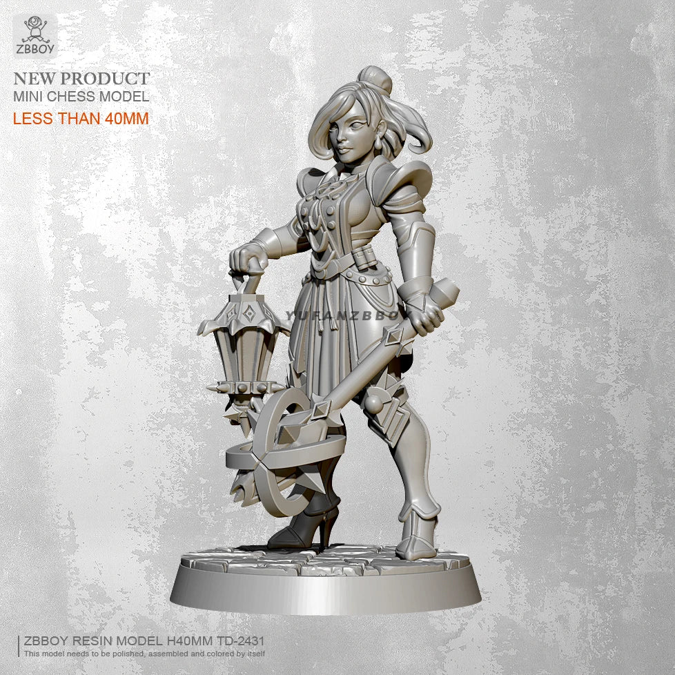 40mm Female Warrior with Mace and Lantern, Resin Model Figure Kit, Fantasy Theme, Unassembled and Unpainted