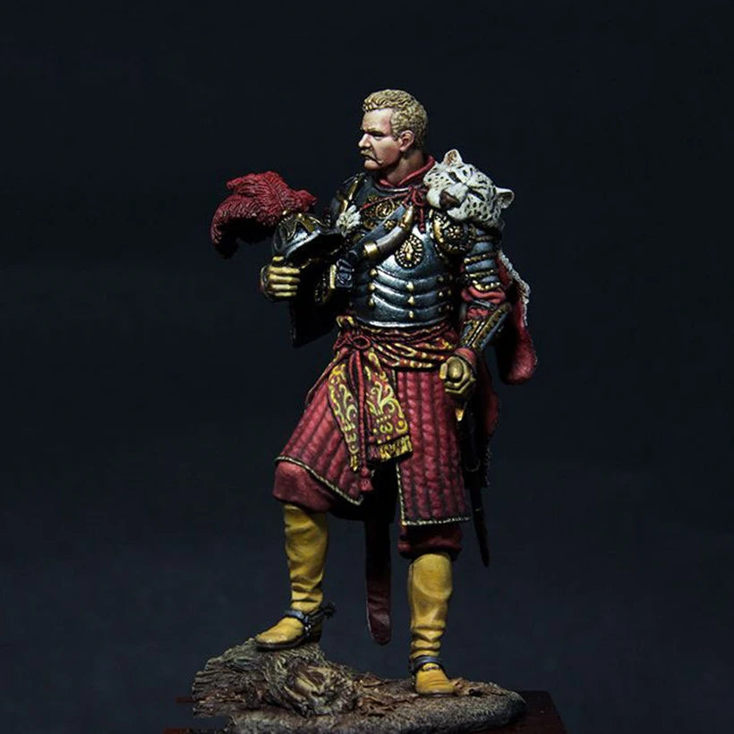 1/24 Ancient Fantasy Warrior in Gold Armor with Red Cape and Feathered He, Resin Model Figure Kit, Unassembled and Unpainted