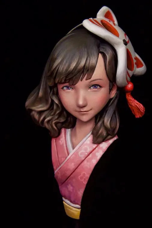 60mm Girl with Wavy Hair in Pink Qipao and Red Ribbons, Resin Model Bust Kit, Anime Theme, Unassembled and Unpainted