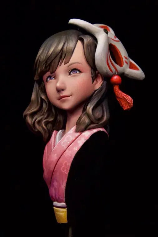 60mm Girl with Wavy Hair in Pink Qipao and Red Ribbons, Resin Model Bust Kit, Anime Theme, Unassembled and Unpainted