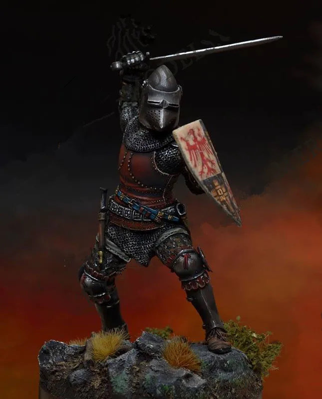 1/24 Armored Warrior with Halberd and Heraldic Shield, Resin Model Figure Kit, Fantasy Theme, Unassembled and Unpainted