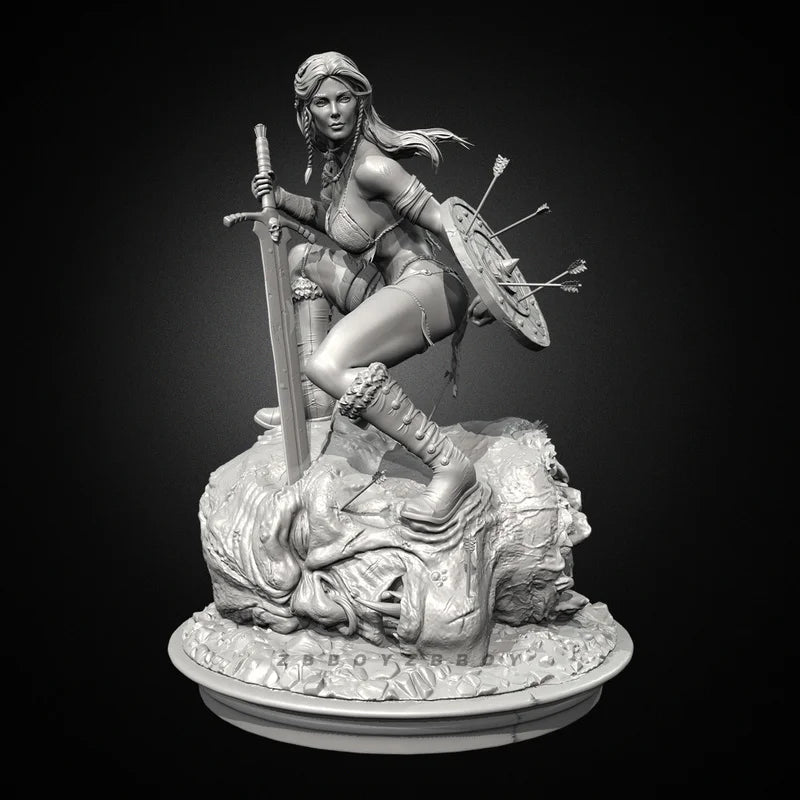 75mm Medieval Barbarian Woman Lunging with Greatsword, Resin Model Figure Kit, Unassembled and Unpainted
