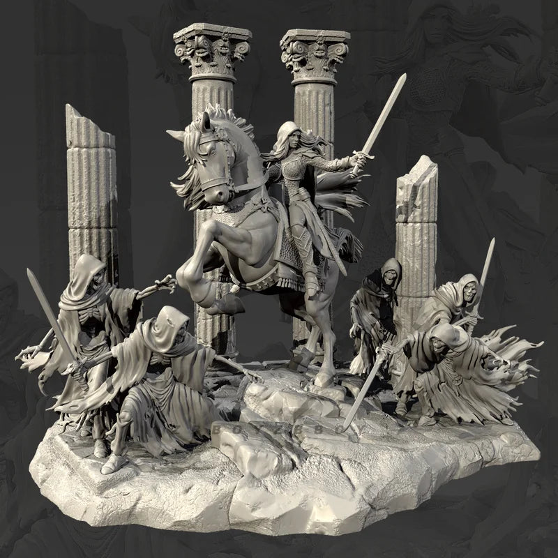 75mm Medieval Female Knight, 7 Figures, Resin Model Diorama Kit, Unassembled and Unpainted