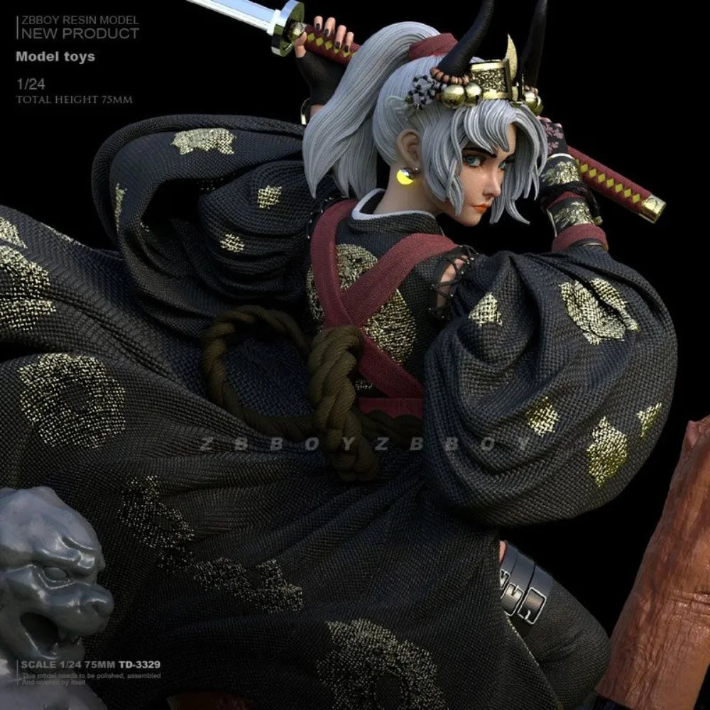 1/24 Long-Haired Warrior with Curved Blade and Ornate Armor, Resin Model Figure Kit, Fantasy Theme, Unassembled and Unpainted