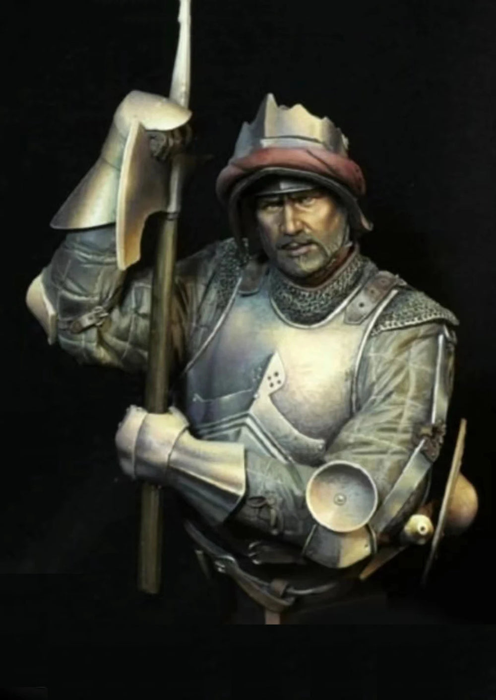 1/10 Medieval Knight in Red Helm with Halberd, Resin Model Bust Kit, Unassembled and Unpainted