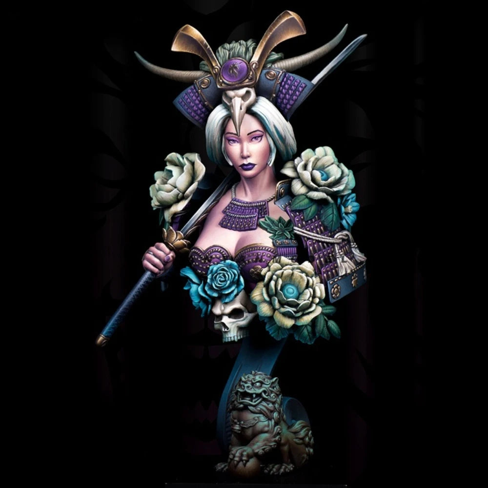 1/10 Horned Demon Sorceress with Skull Roses, Resin Model Bust Kit, Fantasy Theme, Unassembled and Unpainted