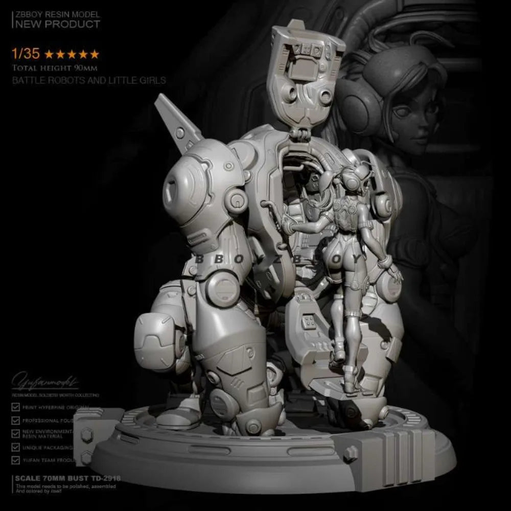 1/35 Mecha Robot with Girl, 2 Figures, Resin Model Figure Kit, Sci-Fi Theme, Unassembled and Unpainted