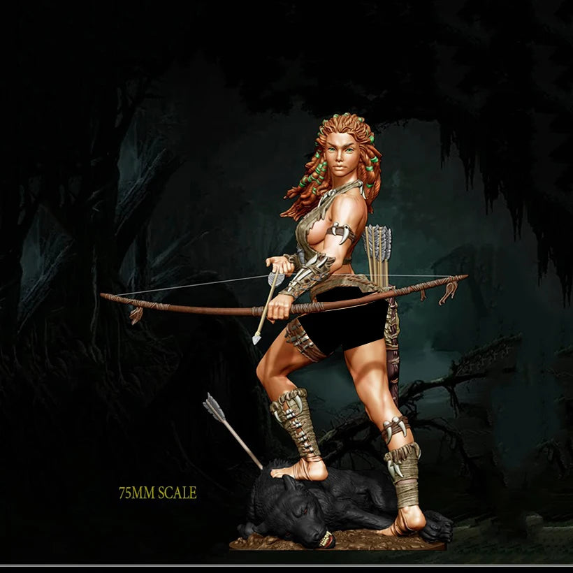 75mm Fantasy Huntress Warrior, Resin Model Figure Kit, Unassembled and Unpainted
