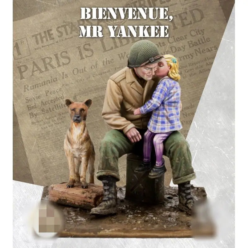 1/35 WWII American Soldier with Child & Dog, 3 Figures, Resin Model Figure Kit, Unassembled and Unpainted