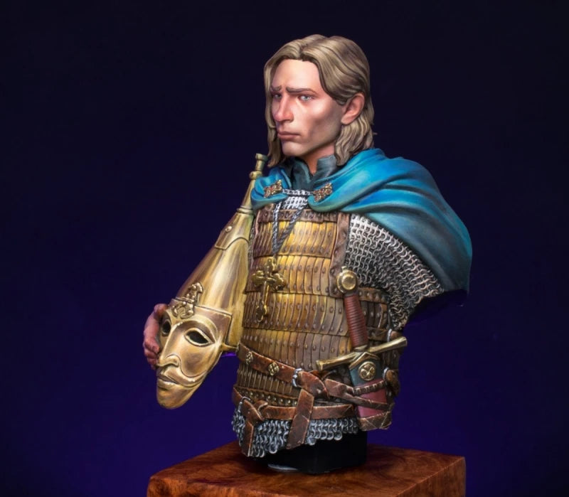 1/12 Medieval Fantasy Warrior with Blue Cloak Holding Golden Mask, Resin Model Bust Kit, Unassembled and Unpainted