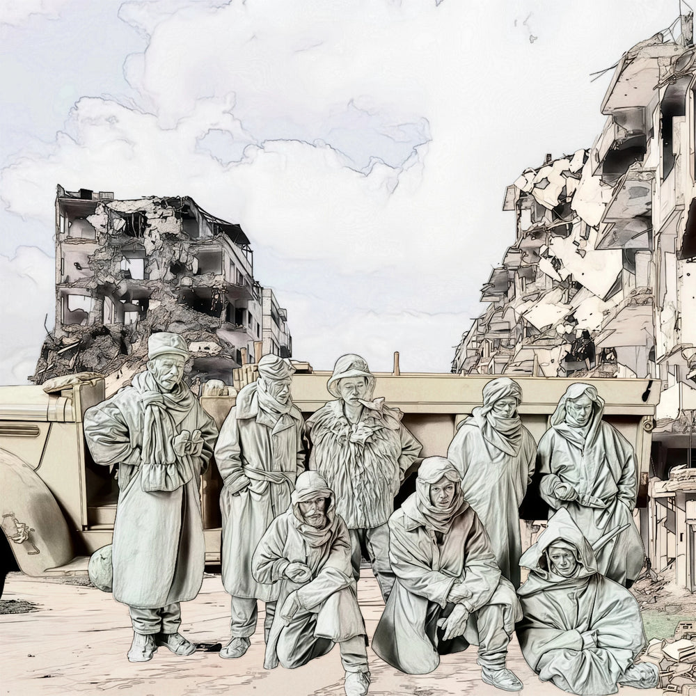 1/35 WWII Combat Team in Urban Ruins, 11 Figures, Resin Model Diorama Kit, Unassembled and Unpainted