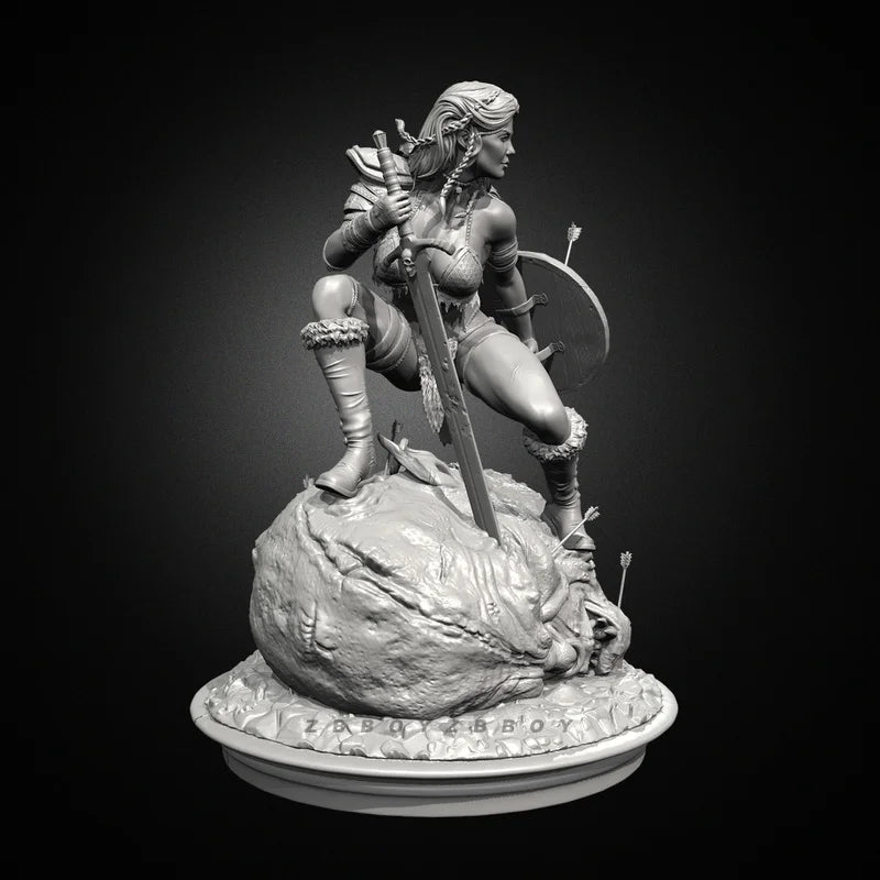 75mm Medieval Barbarian Woman Lunging with Greatsword, Resin Model Figure Kit, Unassembled and Unpainted