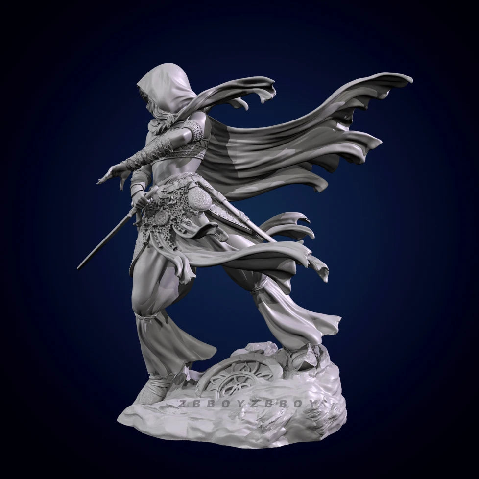 75mm Ornate Swordswoman in Armor with Flowing Cape, Resin Model Figure Kit, Fantasy Theme, Unassembled and Unpainted