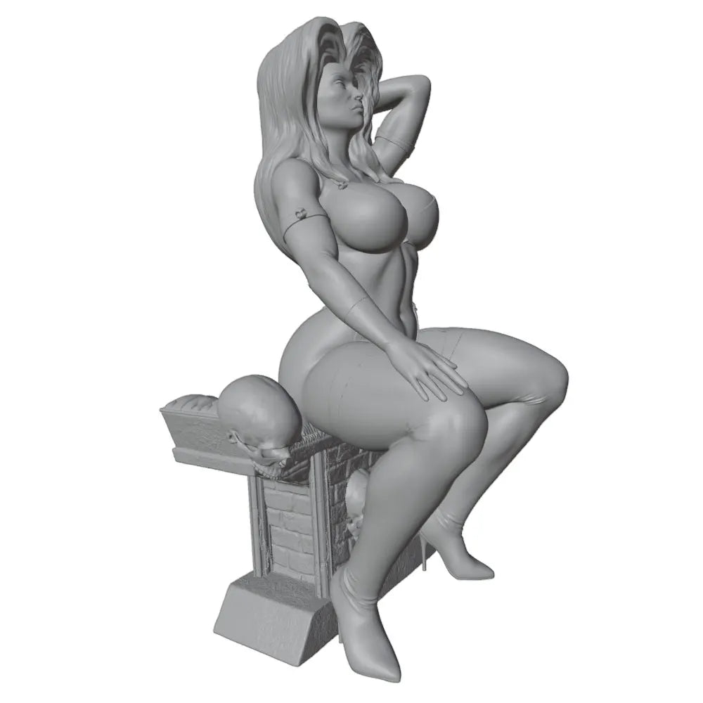 75mm Long-Haired Pin-up Seated on Pedestal, Resin Model Figure Kit, Unassembled and Unpainted
