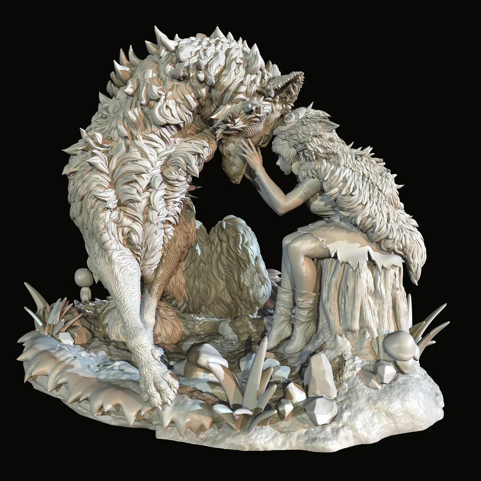 90mm Female Beast Tamer with Wolves, 2 Figures, Resin Model Figure Kit, Fantasy Theme, Unassembled and Unpainted