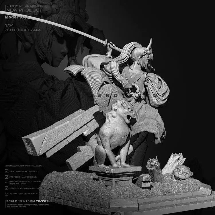 1/24 Long-Haired Warrior with Curved Blade and Ornate Armor, Resin Model Figure Kit, Fantasy Theme, Unassembled and Unpainted