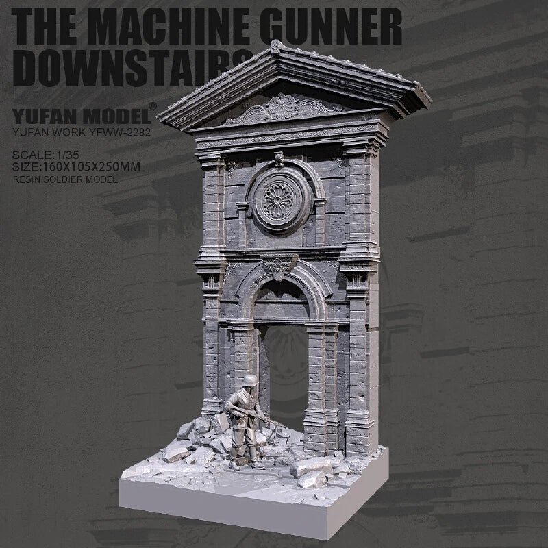 1/35 WWII Machine Gunner at Stone Gatehouse, Resin Model Diorama Kit, Unassembled and Unpainted