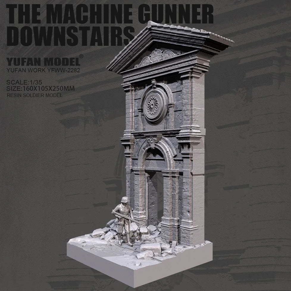 1/35 WWII Machine Gunner at Stone Gatehouse, Resin Model Diorama Kit, Unassembled and Unpainted