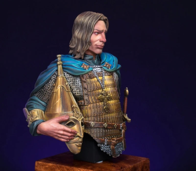 1/12 Medieval Fantasy Warrior with Blue Cloak Holding Golden Mask, Resin Model Bust Kit, Unassembled and Unpainted