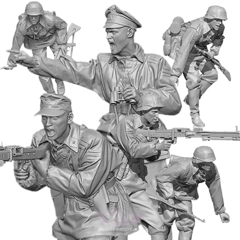 1/35 WWII German Squad Advancing and Firing, 6 Figures, Resin Model Figure Kit, Unassembled and Unpainted