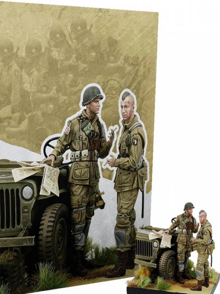 1/35 WWII US Army Officer Briefing By Jeep, 2 Figures, Resin Model Diorama Kit, Unassembled and Unpainted