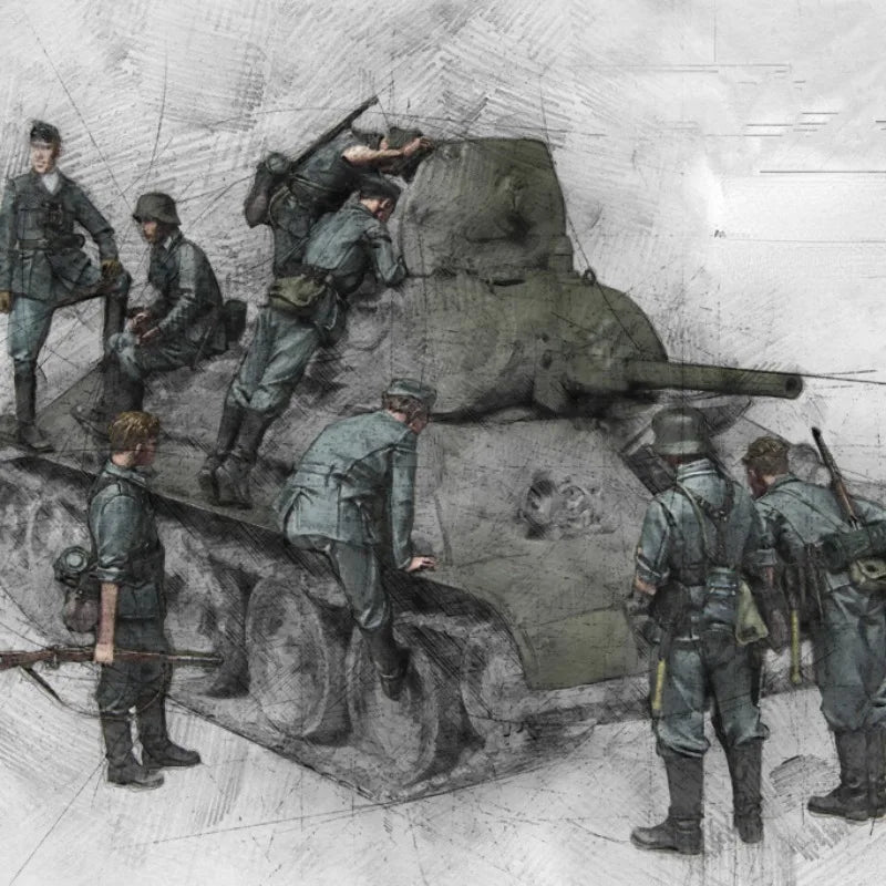 1/35 WWII German Infantry Assault on Soviet Tank, 8 Figures, Resin Model Diorama Kit, Unassembled and Unpainted