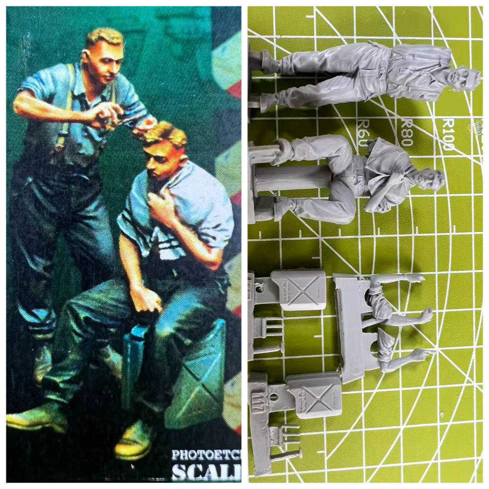 1/35 WWII Barber Shop Scene, 2 Figures, Resin Model Diorama Kit, Unassembled and Unpainted