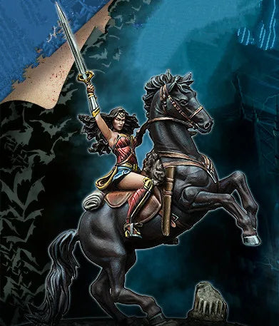 35mm Female Warrior on Rearing Black Horse with Sword, Resin Model Figure Kit, Anime Theme, Unassembled and Unpainted