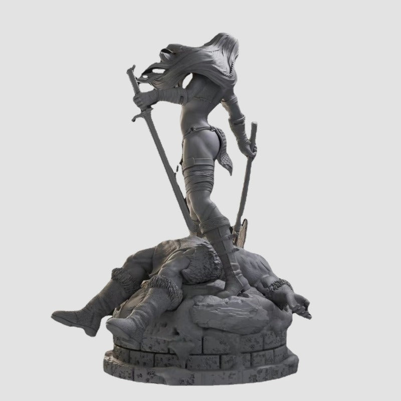 1/24 Female Warrior with Sword on Stone Ruins, Resin Model Figure Kit, Fantasy Theme, Unassembled and Unpainted