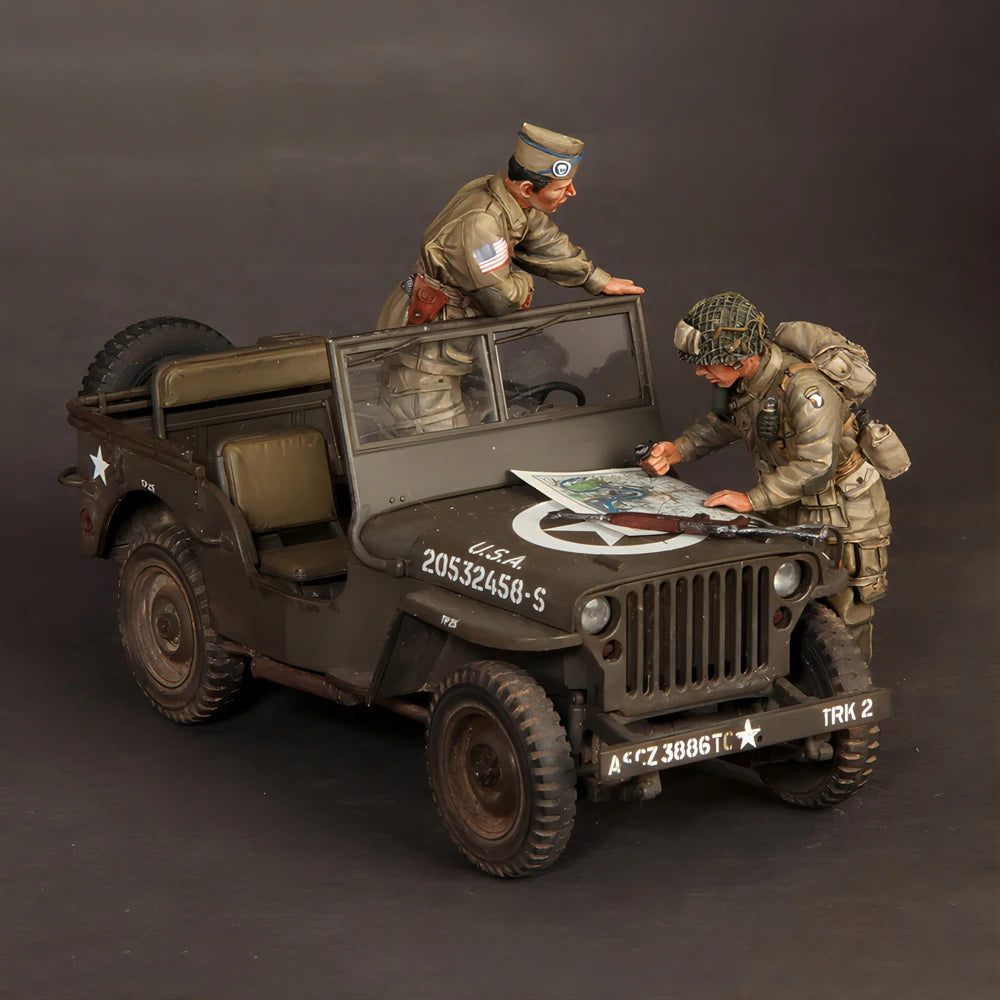 1/35 WWII US Army Soldiers with Willys MB Jeep, 2 Figures, Resin Model Figure Kit, Unassembled and Unpainted