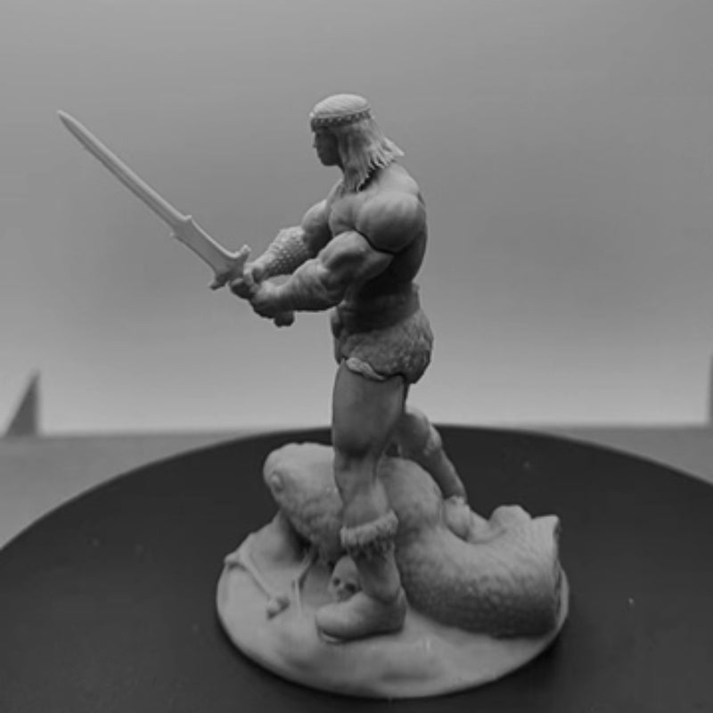 1/24 Barbarian Warrior with Sword and Beast Skull Base, Resin Model Figure Kit, Fantasy Theme, Unassembled and Unpainted