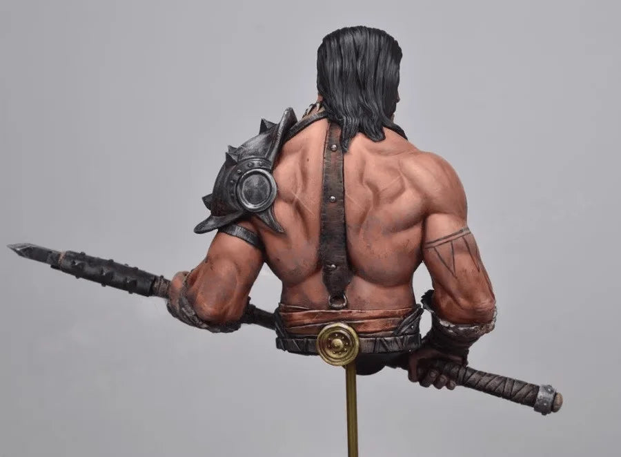 1/10 Dark-Haired Barbarian Wielding Axe and Staff, Resin Model Bust Kit, Fantasy Theme, Unassembled and Unpainted