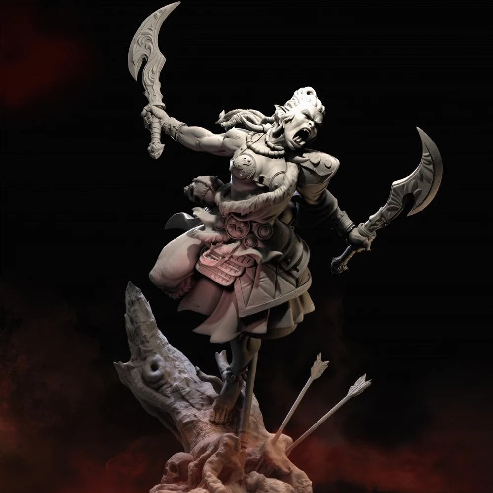 75mm Female Warrior with Dual Sickles on Crocodile, Resin Model Figure Kit, Fantasy Theme, Unassembled and Unpainted