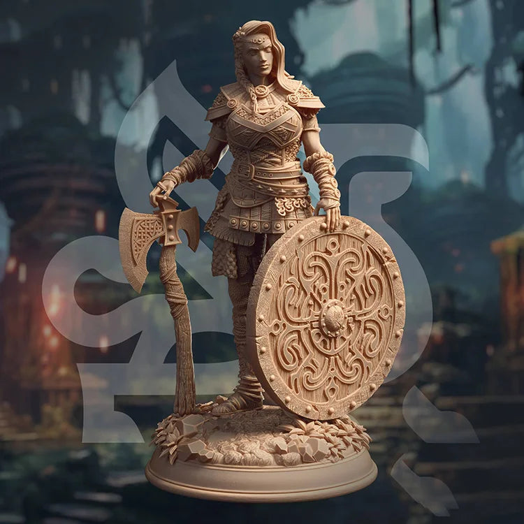 75mm Female Warrior with Axe and Ornate Shield, Resin Model Figure Kit, Fantasy Theme, Unassembled and Unpainted