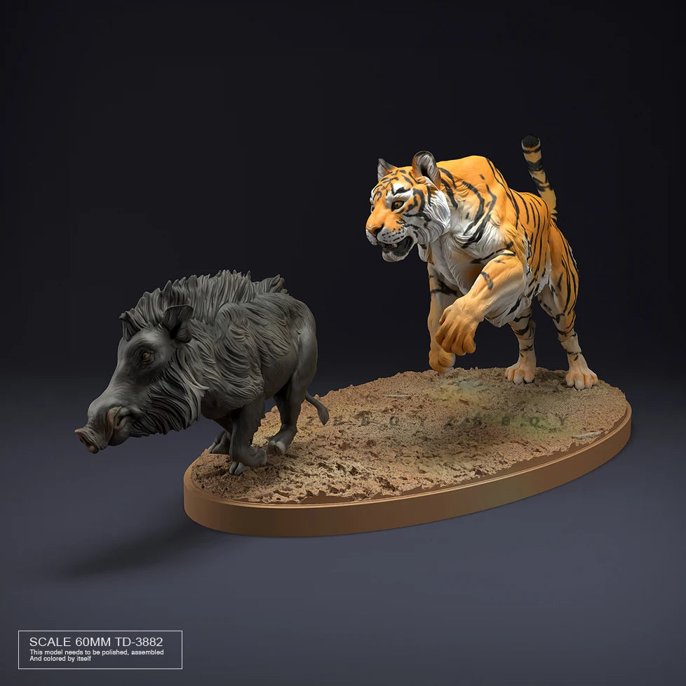 60mm Tiger and Wild Boar, 2 Figures, Resin Model Creature Kit, Wildlife Theme, Unassembled and Unpainted