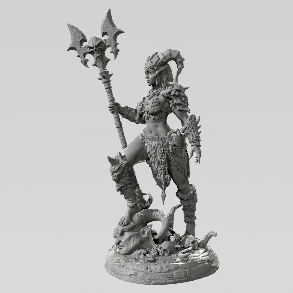 75mm Horned Demon Sorceress with Spiked Staff, Resin Model Figure Kit, Fantasy Theme, Unassembled and Unpainted