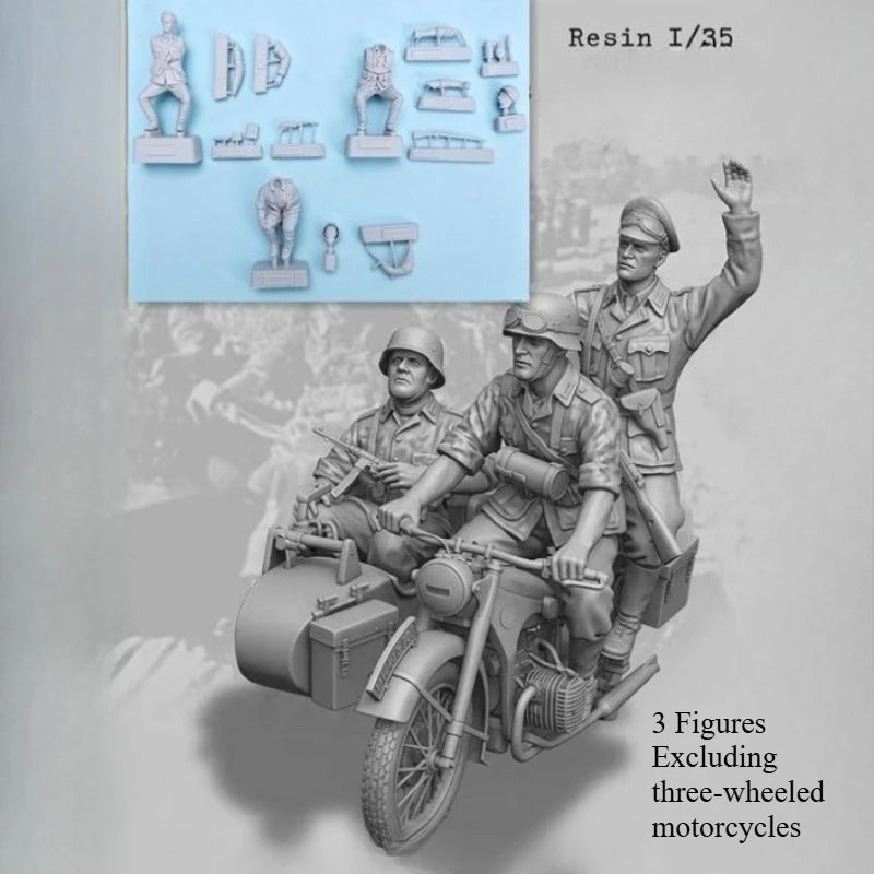1/35 WWII Motorcycle Squad, 3 Figures, Resin Model Figure Kit, Unassembled and Unpainted