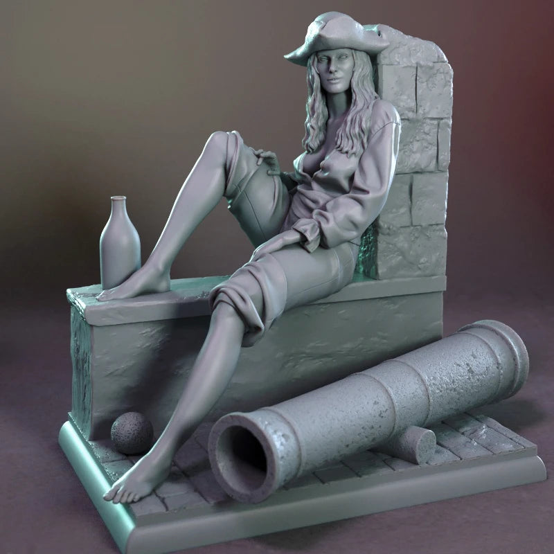 1/24 Barefoot Corsair Woman in Tricorn at Fort, Resin Model Figure Kit, Fantasy Theme, Unassembled and Unpainted