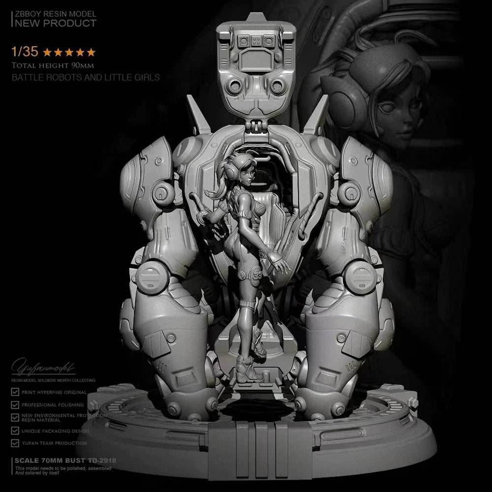 1/100 Combat Mecha with Female Operator, 2 Figures, Resin Model Figure Kit, Sci-Fi Theme, Unassembled and Unpainted