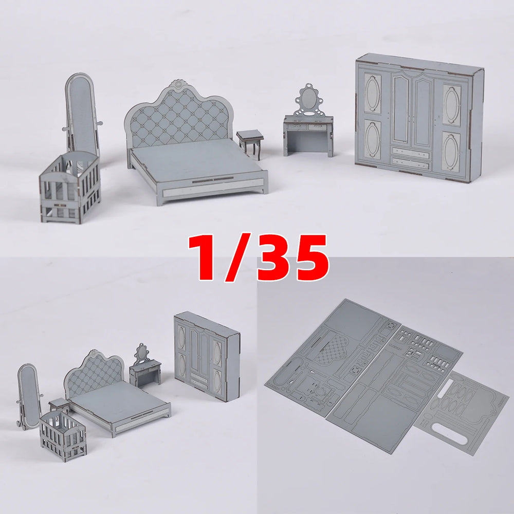 1/35 Classical Bedroom with Quilted Bed and Armoire, Resin Model Diorama Kit, Historical Theme, Unassembled and Unpainted