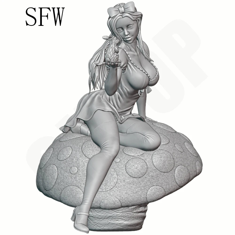 1/24 Fairy Tale Girl on Mushroom Seat, Resin Model Figure Kit, Fantasy Theme, Unassembled and Unpainted