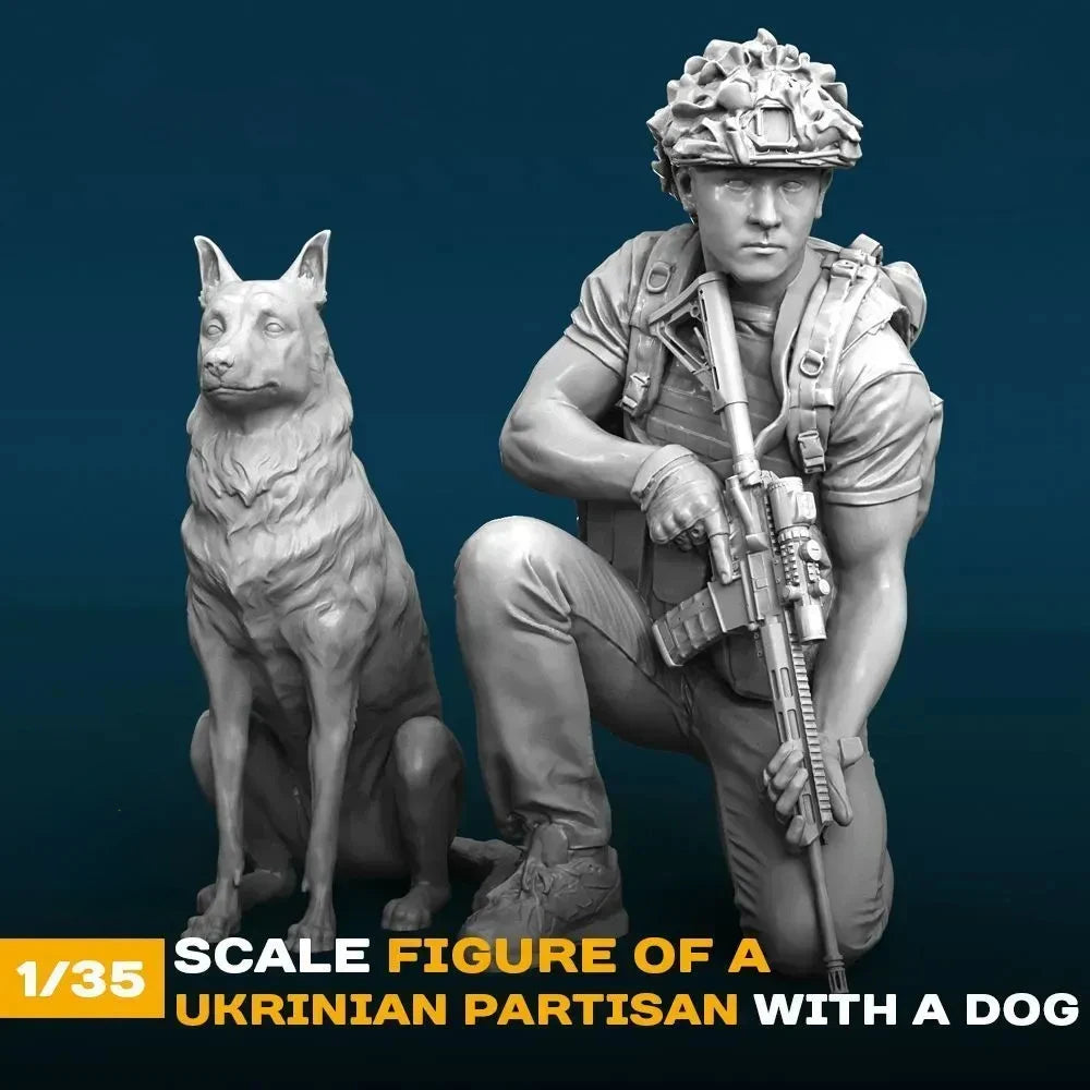 1/35 Modern Ukrainian Partisan with Dog, 2 Figures, Resin Model Figure Kit, Unassembled and Unpainted